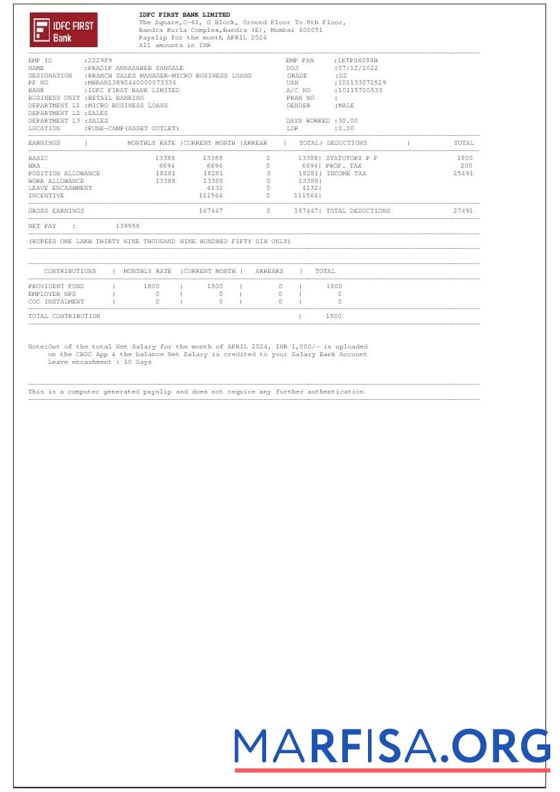 Printable IDFC First Bank LTD payslip example
